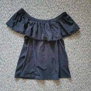 Black Off Shoulder Ruff Hewn Pom Pom Top Size Medium